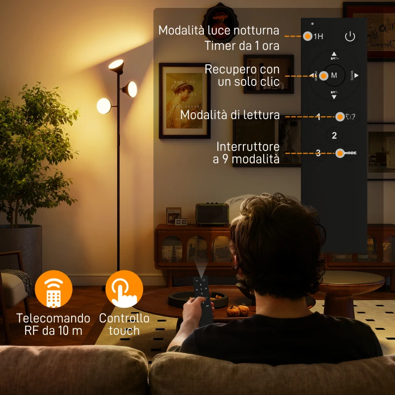 HOMCOM Lampada da Terra con 3 Teste Regolabili Indipendenti, Telecomando e Timer, in Acciaio e Plastica, Ø25x170 cm, Nero