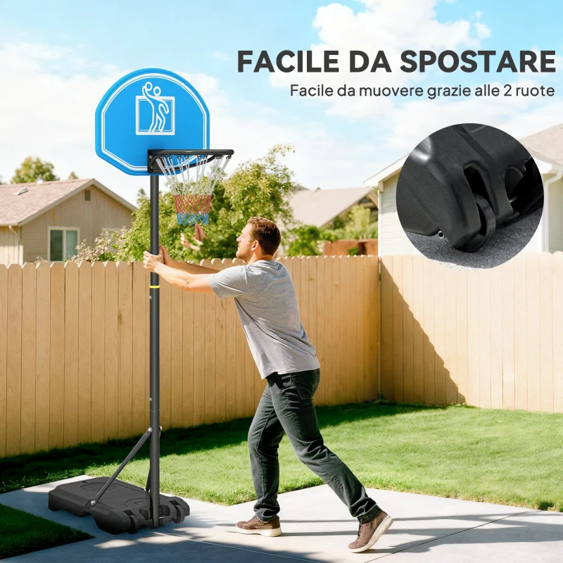 HOMCOM Canestro Basket con Altezza Regolabile 197.5-245cm, Base con Ruote e Tabellone, Blu