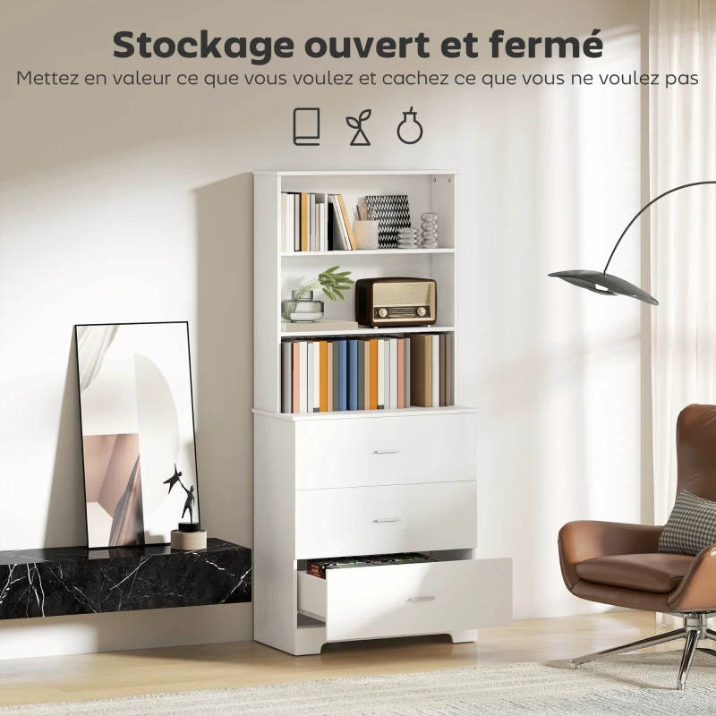 HOMCOM Bibliothèque à 6 niveaux, meuble de rangement avec 3 tiroirs et 3 étagères ouvertes, 79 x 39,5 x 182,2 cm, blanc