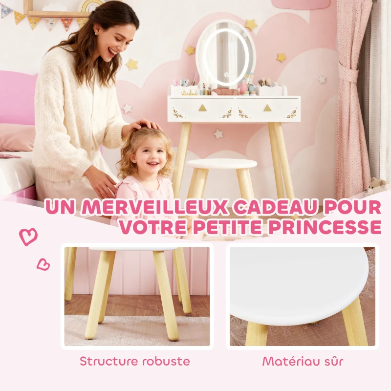 AIYAPLAY Coiffeuse pour enfant 2 en 1 bureau enfant fille avec miroir à LED 3 couleurs et tabouret 60x30x99,3 cm blanc