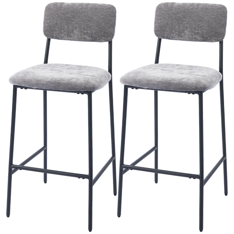 HOMCOM Set da 2 sgabelli da bar in tessuto chenille, imbottiti, seduta ampia, schienale alto, 45,5x48x101cm, Grigio