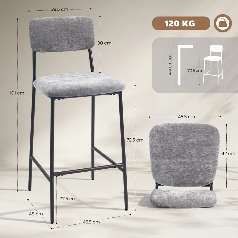 HOMCOM Set of 2 Chenille Fabric Bar Stools, Padded Bar Chairs, Wide Seat, High Back, 45.5x48x101cm, Grey