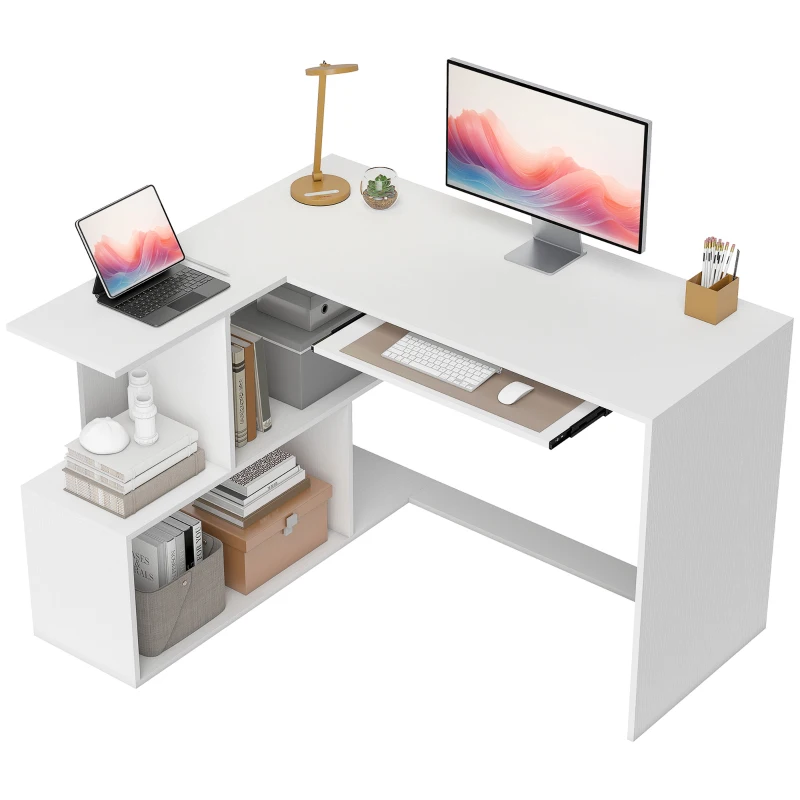 HOMCOM Bureau d'angle bureau en L avec étagères de rangement, plateau à clavier coulissant, 120x100x76cm, blanc