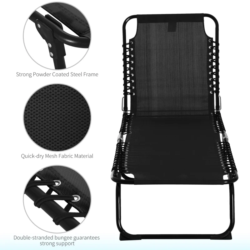 Outsunny Foldable Sun Lounger, Outdoor 4 Level Adjustable Backrest Reclining Chaise Chair, Steel Frame Recliner Chair for Camping, Hiking, Black