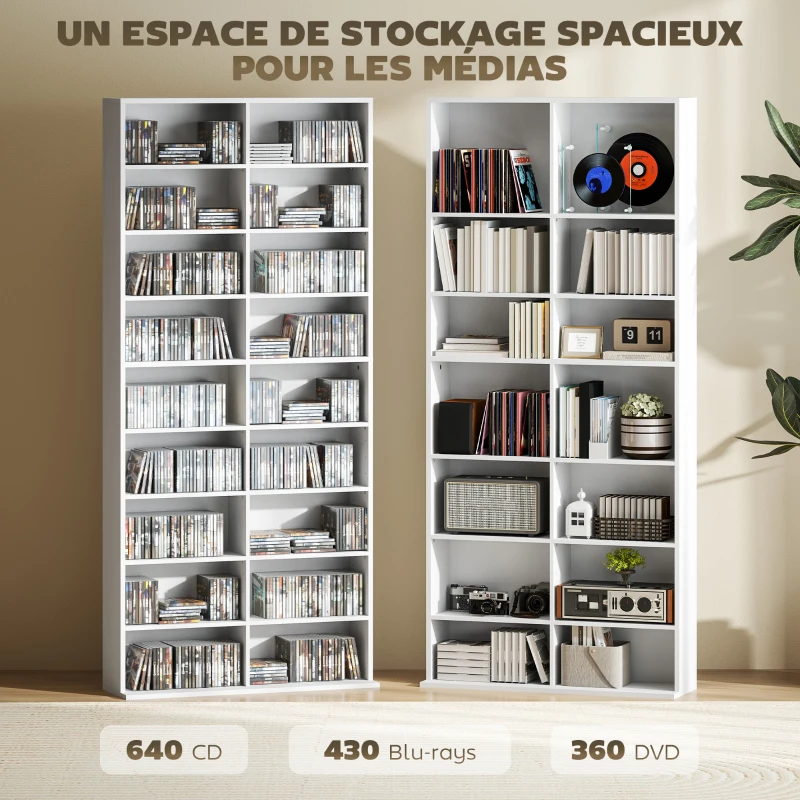 HOMCOM Rangements pour CD et DVD 18 compartiments capacité max. 640 CD/360 DVD 430 Blu-ray 78,5 x 24 x 175 cm blanc