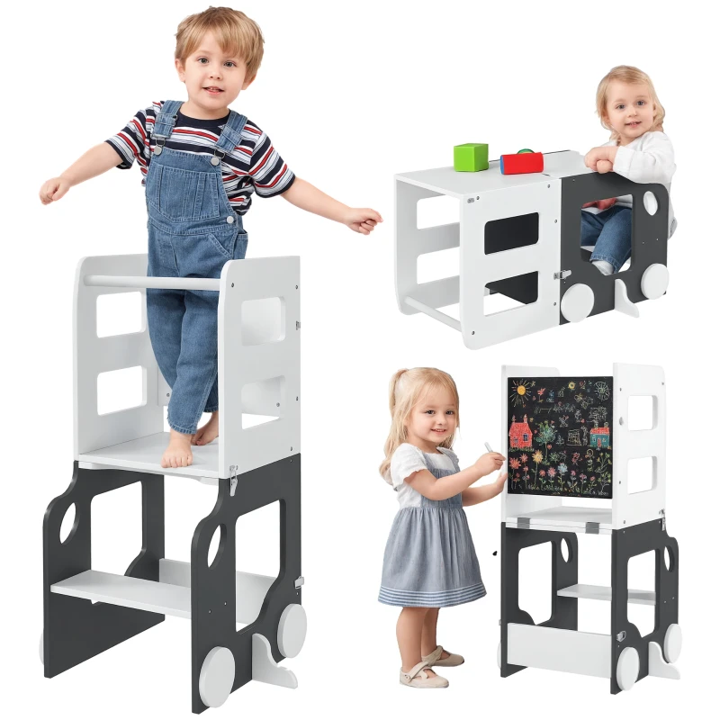 AIYAPLAY Toddler Step Stool, 4 in 1 Standing Tower, Foldable Toddler Step with Safety Rail, for Kitchen, Bathroom, Grey