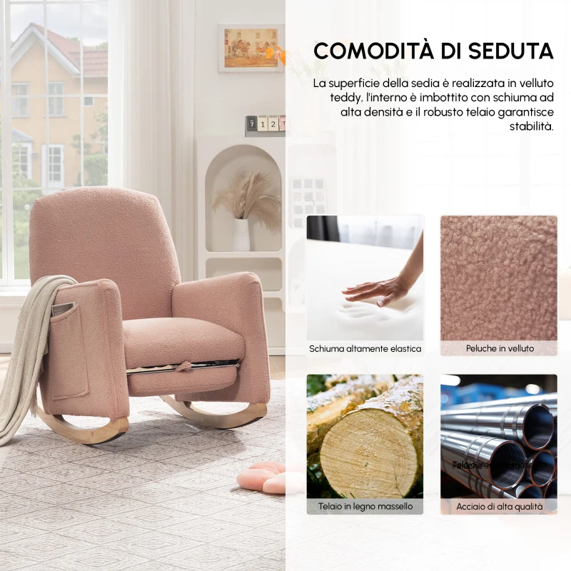 Sedia a dondolo con poggiapiedi e schienale alto, in tessuto Teddy, 67x96-127x96 cm, Rosa