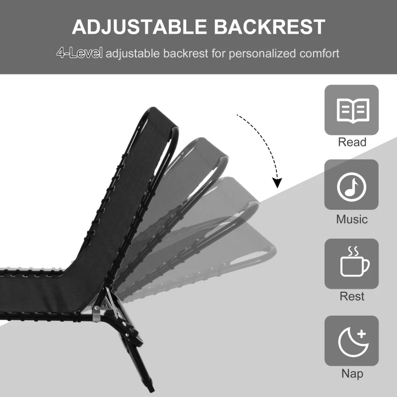 Outsunny Foldable Sun Lounger, Outdoor 4 Level Adjustable Backrest Reclining Chaise Chair, Steel Frame Recliner Chair for Camping, Hiking, Black