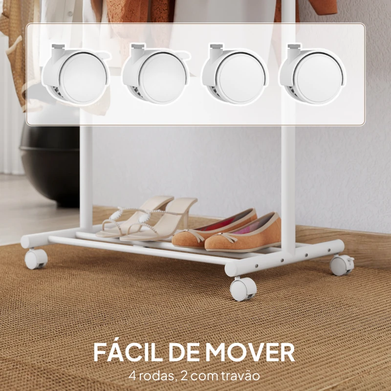 HOMCOM Charriot com Rodas 5 Ganchos Barra para Pendurar e Prateleira Inferior 68x43x171 cm Branco