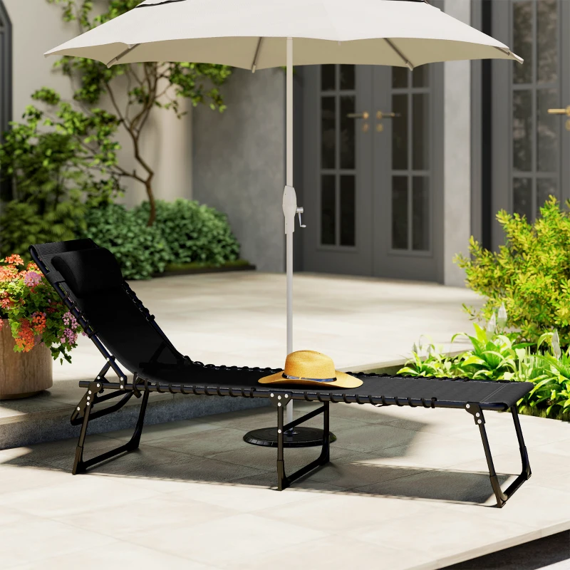 Outsunny Foldable Sun Lounger, Outdoor 4 Level Adjustable Backrest Reclining Chaise Chair, Steel Frame Recliner Chair for Camping, Hiking, Black