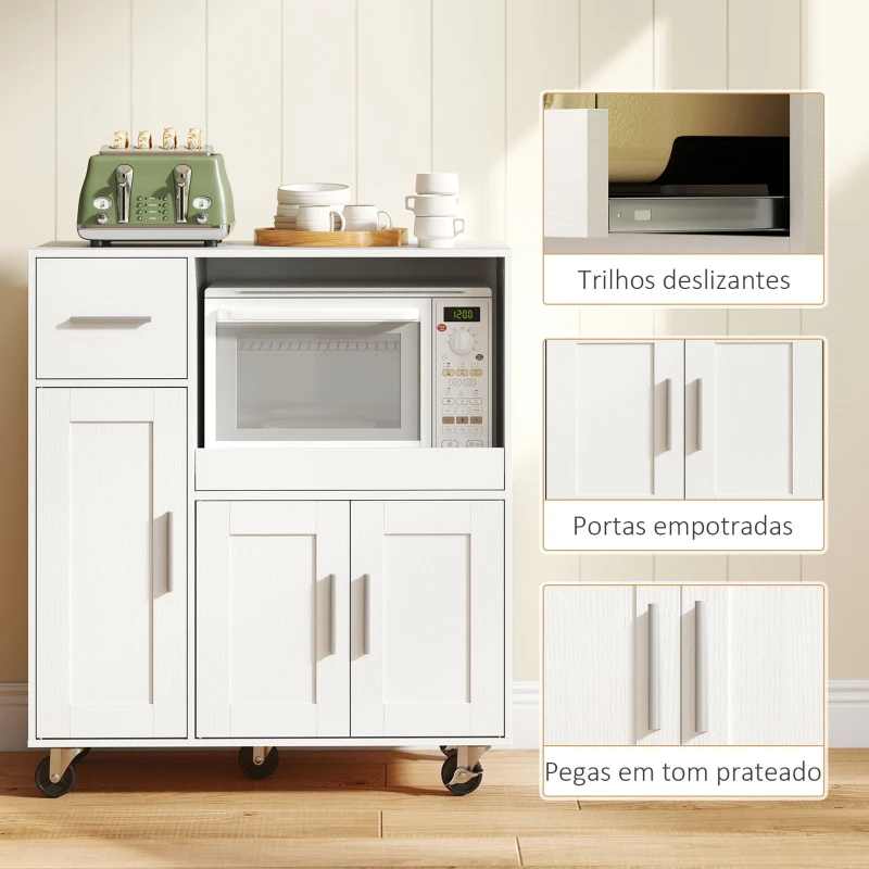 HOMCOM Móvel Auxiliar de Cozinha com Rodas para Microondas com Bandeja Deslizante Gaveta 3 Portas Prateleira Ajustável 80x40x88,7 cm Branco