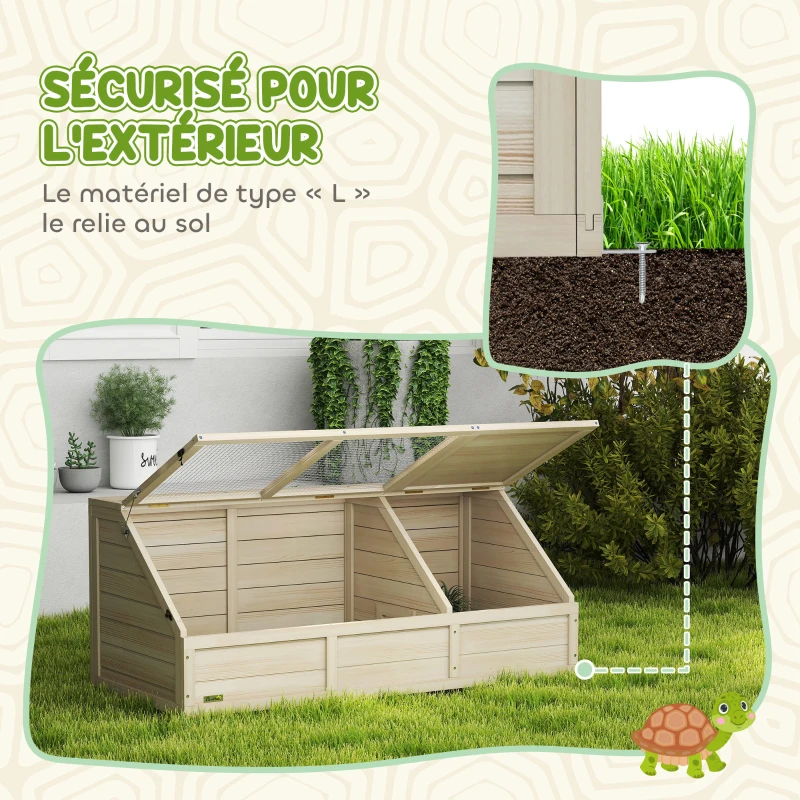 PawHut Maison enclos cage pour petit animal tortue en bois avec couvercle ouvrable, loquets, 2 espaces distincts, bois naturel