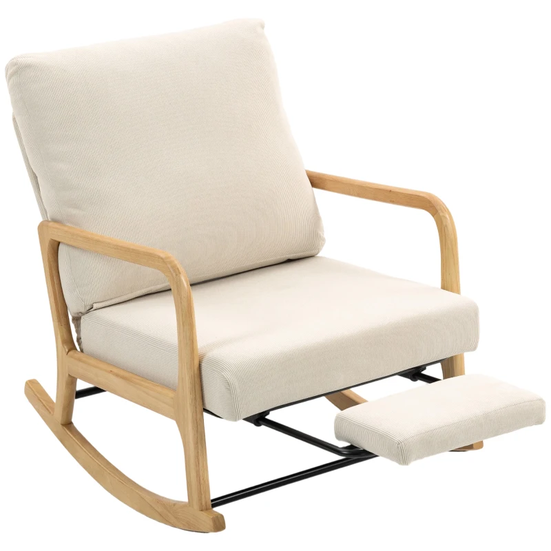 HOMCOM Poltrona Baloiço com Encosto Ajustável de Veludo Cotelê Nórdica Pés de Madeira Braços Almofada Lombar 70x89x97,5 cm Creme