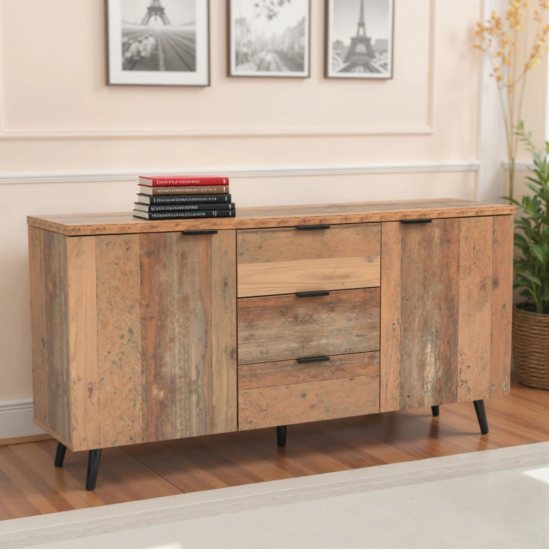 Credenza Vintage in Legno Marrone con 3 Cassetti e Ripiani Regolabili per Soggiorno e Sala da Pranzo, Marrone antico