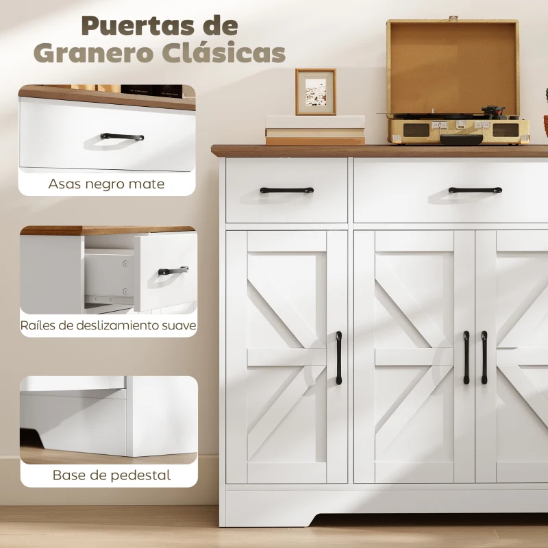 HOMCOM Aparador de Cocina Rústico 4 Estantes de Puerta Estantes Ajustables 3 Cajones 120x38x87 cm Blanco y Nogal