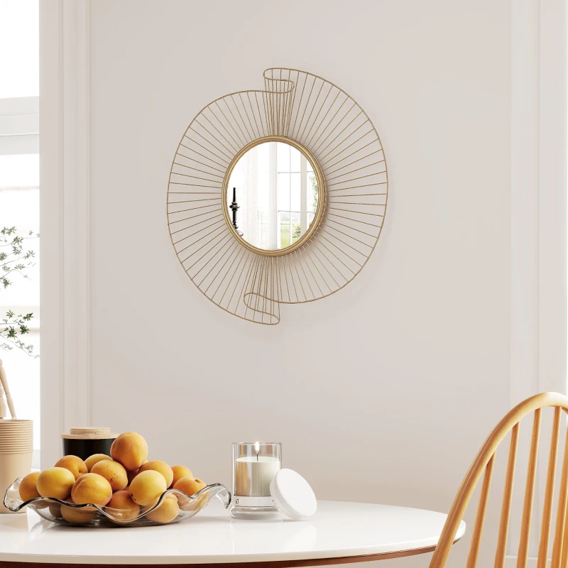 HOMCOM Espejo decorativo redondo 60 cm con fijación a 360°, decoración mural de metal moderna con detalles plisados, dorado