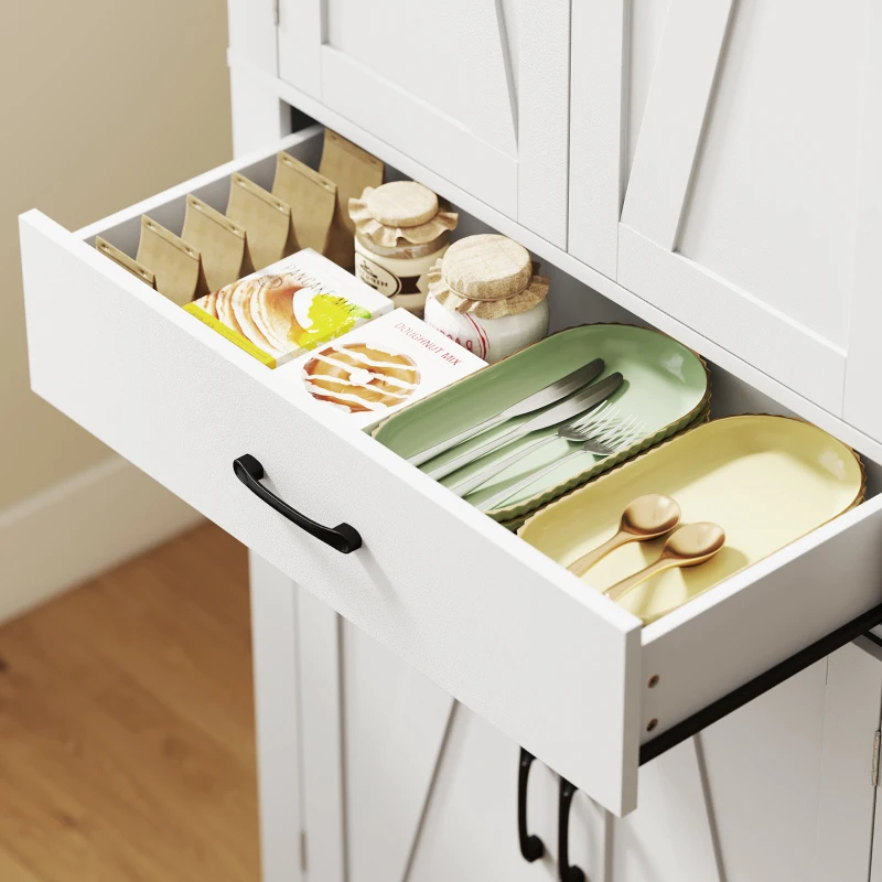 HOMCOM Dispensa Cucina in stile Country con 2 Armadietti, 6 Ripiani e Cassetto, in Legno, 76x39.5x183.5 cm, Bianco