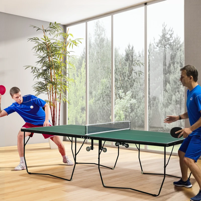 SPORTNOW 9FT Folding Table Tennis Ping Pong Table, Indoor Game Table w/ 8 Wheels, 2 Bats, 3 Balls for Indoor Use, Green