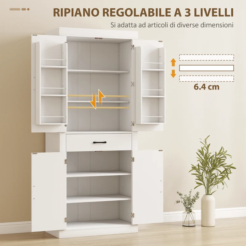 HOMCOM Dispensa Cucina in stile Country con 2 Armadietti, 6 Ripiani e Cassetto, in Legno, 76x39.5x183.5 cm, Bianco