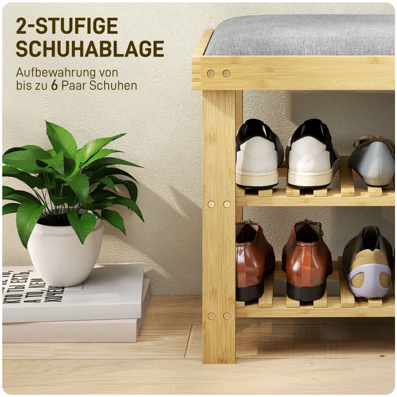 HOMCOM Schuhbank mit Sitzfläche, Bambus Sitzbank mit Stauraum, 2 offene Fächer, Sitzbank 60 x 29 x 49 cm Grau