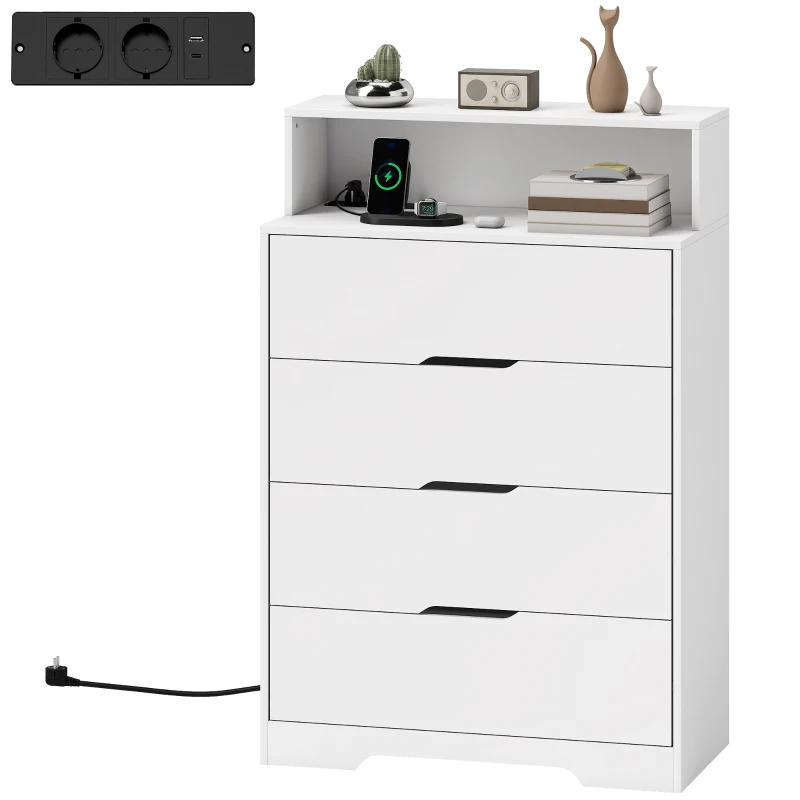 HOMCOM Cómoda para Dormitorio de 4 Cajones con Estación de Carga Puerto USB Puerto USB-C Estante Abierto 80x40x120 cm Blanco