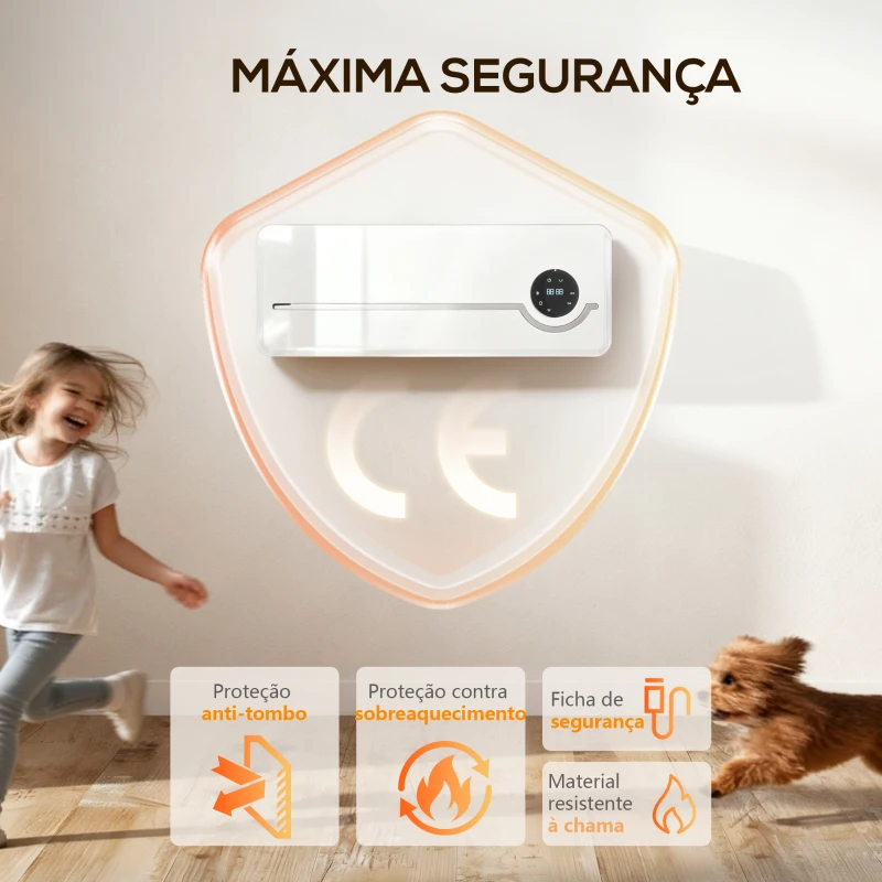 HOMCOM Aquecedor Elétrico de Baixo Consumo de Parede 2000W com 3 Modos Ecrã LED Termostato Temporizador e Oscilação Branco