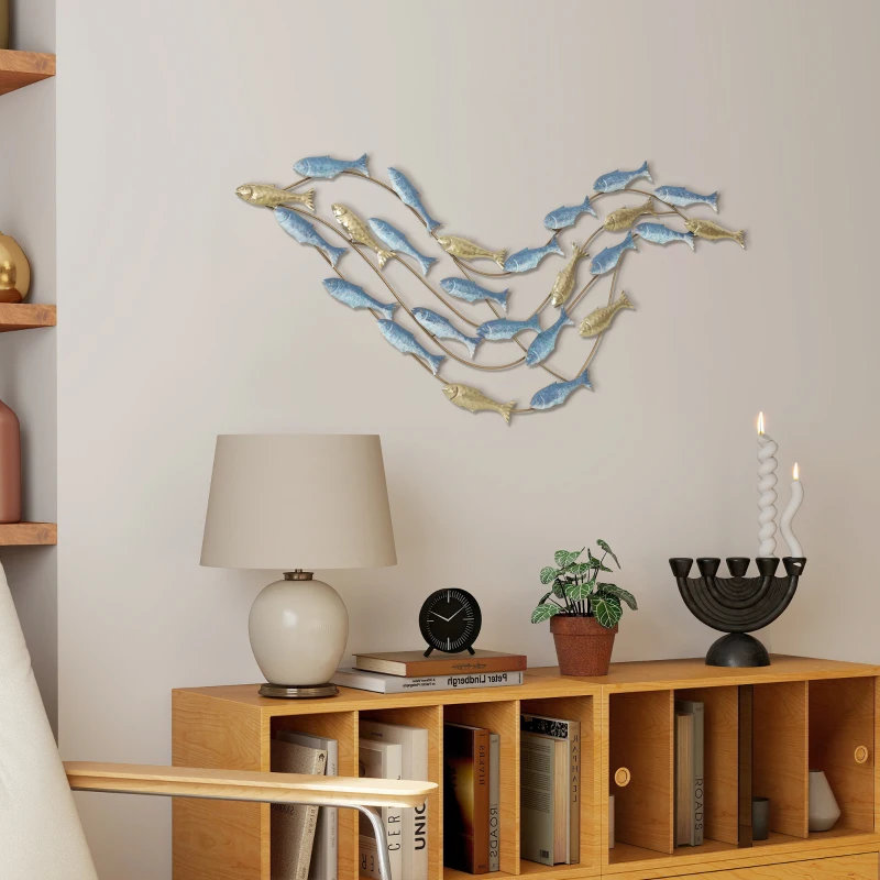HOMCOM Wandkunst aus Metall, Fischdesign, rostbeständig, moderner Stil, elegant, Hellblau