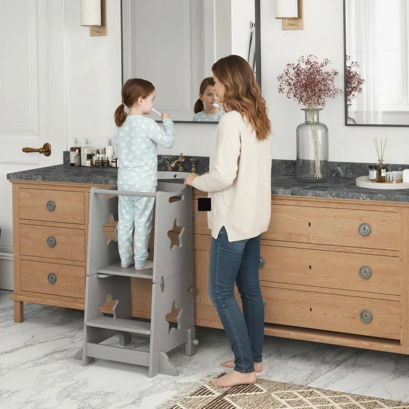 AIYAPLAY Scala Montessori Convertibile in Set Tavolo e Sedie con Barra di Sicurezza, in Legno, 60x44.5x86 cm, Grigio