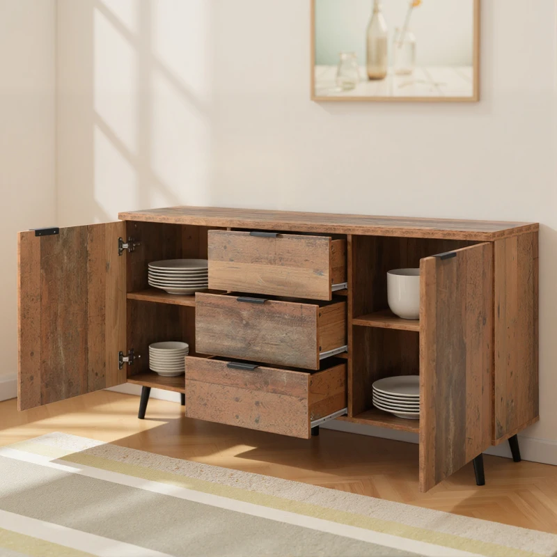 Credenza Vintage in Legno Marrone con 3 Cassetti e Ripiani Regolabili per Soggiorno e Sala da Pranzo, Marrone antico