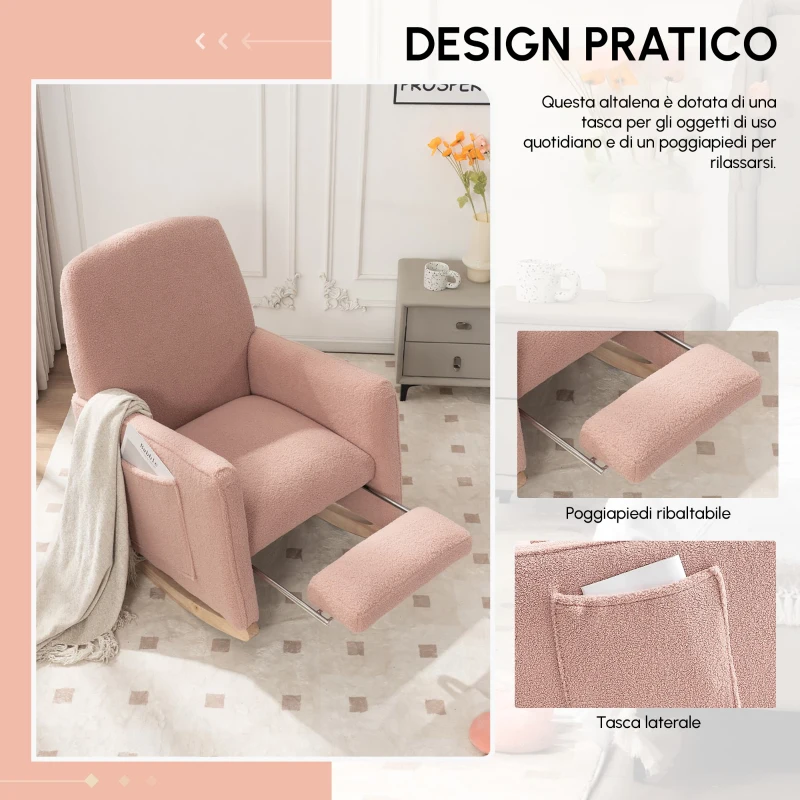 Sedia a dondolo con poggiapiedi e schienale alto, in tessuto Teddy, 67x96-127x96 cm, Rosa