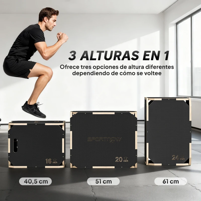 SPORTNOW Cajón Pliométrico de Madera 3 en 1 con 3 Alturas Diferentes Asas sin Esquinas Entrenamiento de Salto 61x51x41 cm