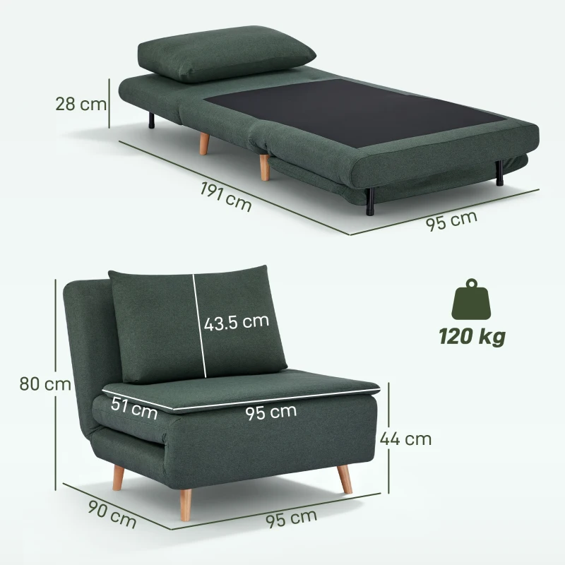 HOMCOM Poltrona letto 3-in-1, reclinabile, con schienale regolabile, gambe in legno di faggio, cuscino, Verde scuro