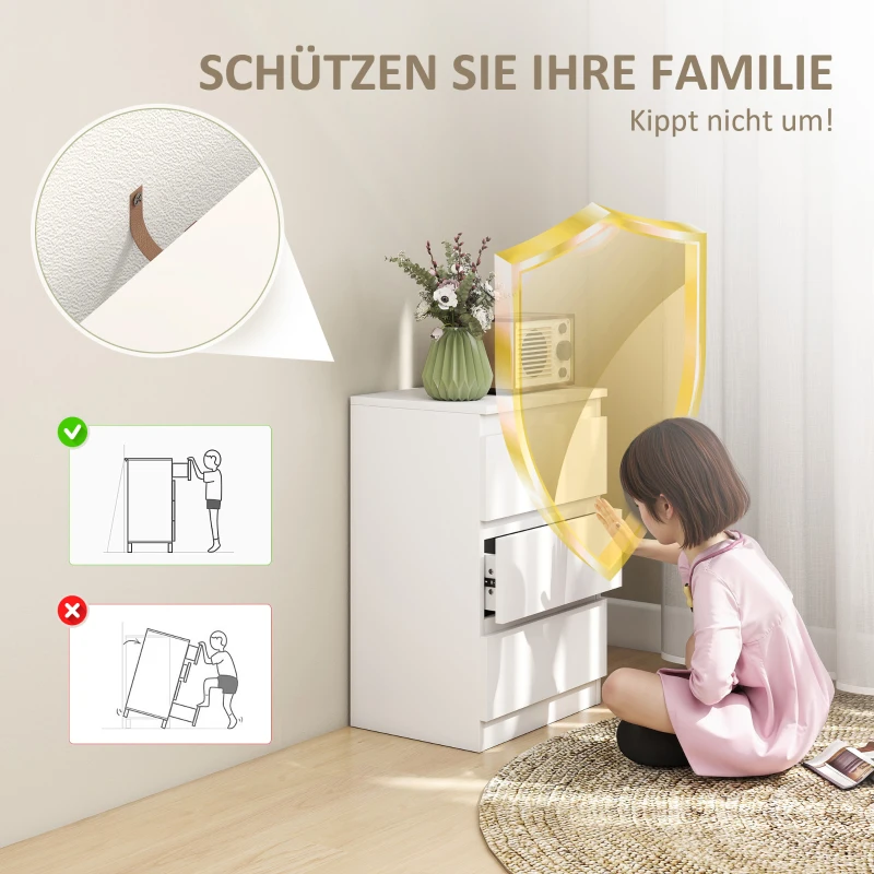 HOMCOM Nachttische im 2er-Set, 3 Schubladen, griffloses Design, Holzoptik, Weiß