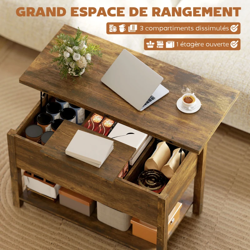 HOMCOM Table basse relevable et extensible table de salon avec compartiment caché étagère ouverte 100x45x50,5cm brun rustique(m-5)