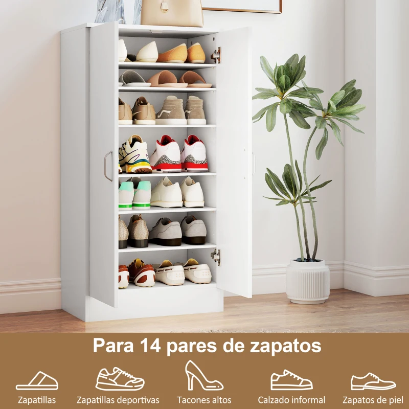 HOMCOM Zapatero Entrada Recibidor con 2 Puertas 6 Estantes Ajustables para 14 Pares de Zapatos 55x35x108 cm Blanco
