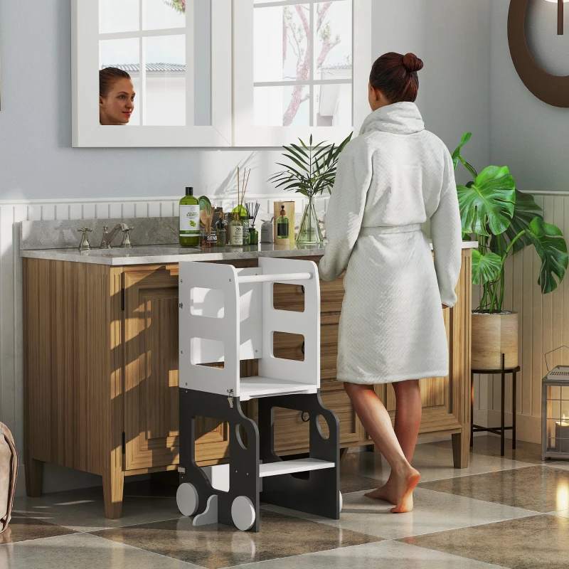 AIYAPLAY Torre de Aprendizaje Taburete Infantil con Pizarra Convertible en Mesa y Silla con Diseño de Coche Blanco y Gris