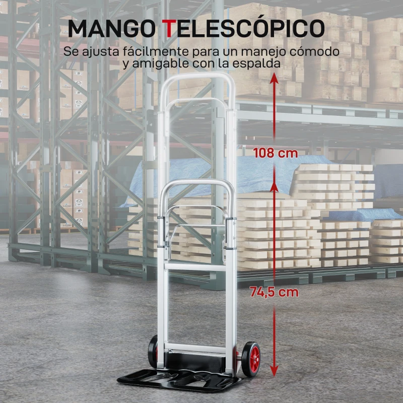 HOMCOM Carretilla de Mano Plegable de Aluminio Carga 90 kg con Ruedas Mango Telescópico Ajustable 40x41x108 cm Plata y Negro