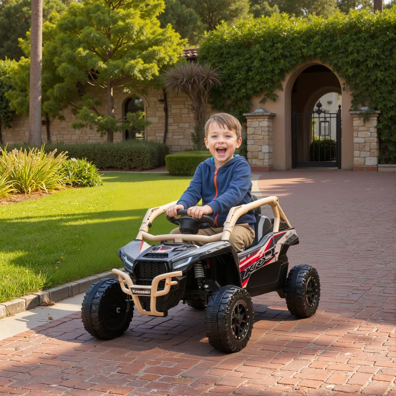 AIYAPLAY Macchina Elettrica per Bambini 3-8 Anni 12V con Licenza KAWASAKI, Doppio Motore, Telecomando e Musica, Giallo