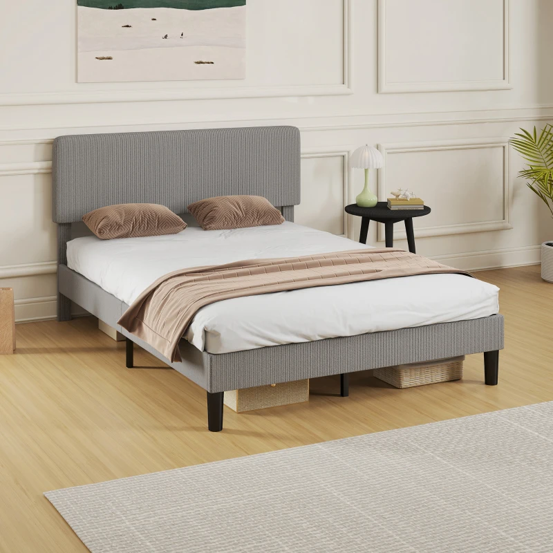 HOMCOM 140 x 190 cm Bed Frame, Wooden Slatted Base, Adjustable Headboard, Padded Double Bed in Corduroy Velvet, Gray