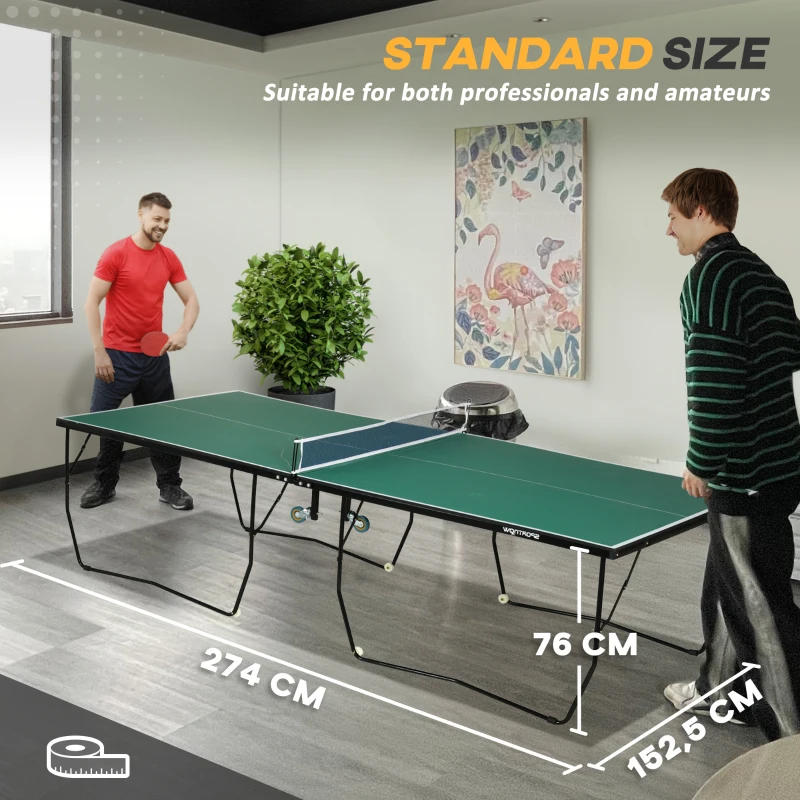 SPORTNOW 9FT Folding Table Tennis Ping Pong Table, Indoor Game Table w/ 8 Wheels, 2 Bats, 3 Balls for Indoor Use, Green