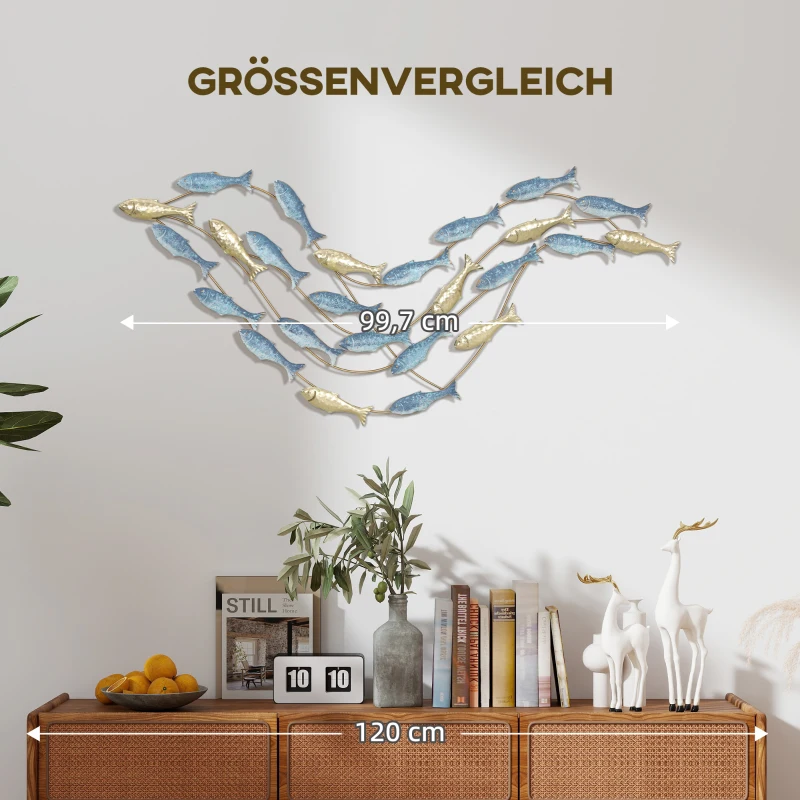 HOMCOM Wandkunst aus Metall, Fischdesign, rostbeständig, moderner Stil, elegant, Hellblau