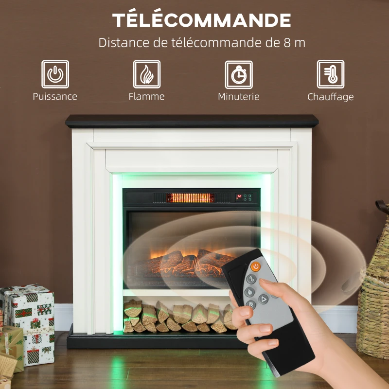 HOMCOM Cheminée électrique 1800W, fausse cheminée décorative lumières LED RGB, effet flamme, manteau, 105 x 27 x 97 cm, noir