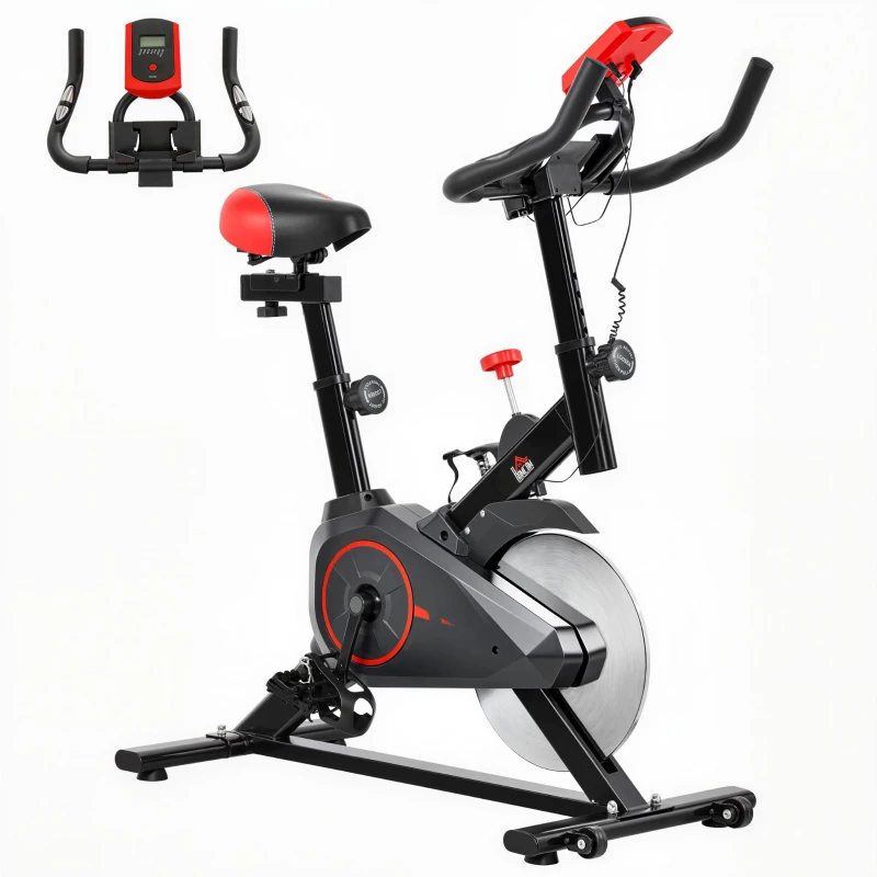 HOMCOM Vélo d'appartement vélo de Fitness avec écran LCD multifonctions capteur de fréquence cardiaque selle et guidon réglables poids volant inertie 6 Kg acier noir et rouge