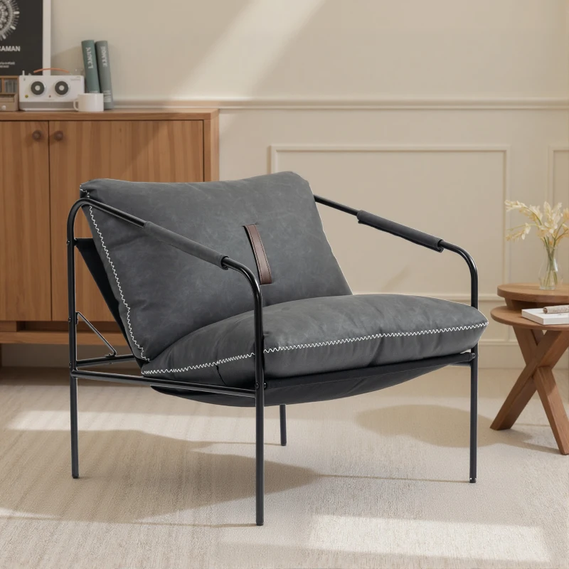 HOMCOM Butaca de Salón Moderna Sillón de Lectura Tapizado en Cuero Sintético Fundas de Cojines Extraíbles Gris Carbón