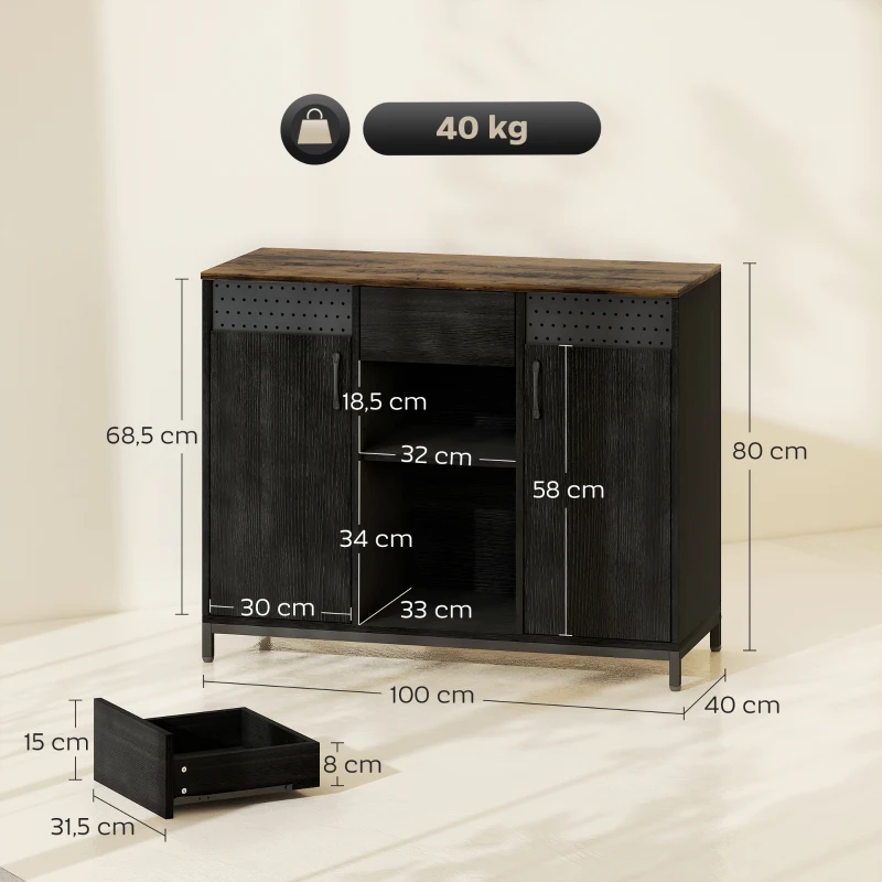 HOMCOM Aparador de 2 Portas com Orifícios 2 Compartimentos e Gaveta Prateleiras Ajustáveis 100x40x80 cm Preto e Castanho Rústico