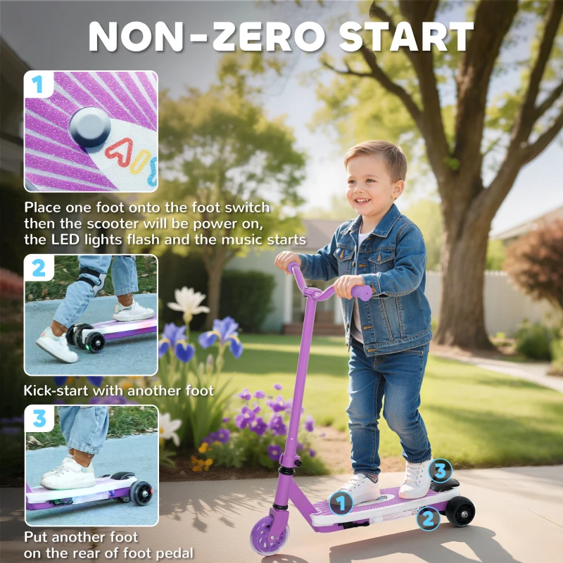AIYAPLAY Electric Scooter for Kids Aged 4-7 Years, with Flashing LED Lights, Rear Auxiliary Wheels, Purple