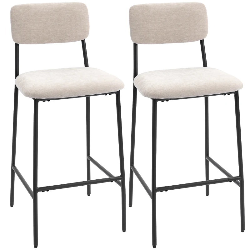 HOMCOM Set de 2 Taburetes de Bar con Respaldo Alto, Reposapiés y Tapizado en Chenille, Crema