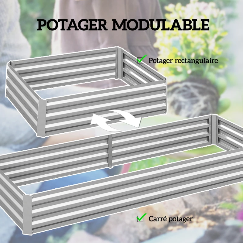 Outsunny Carré potager de jardin rectangulaire jardinière extérieure 241 x 90,5 x 30 cm tôle d'acier ondulée argent
