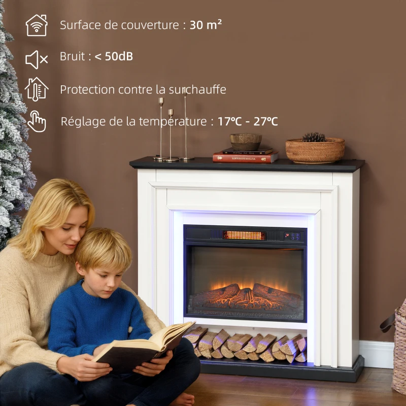 HOMCOM Cheminée électrique 1800W, fausse cheminée décorative lumières LED RGB, effet flamme, manteau, 105 x 27 x 97 cm, noir