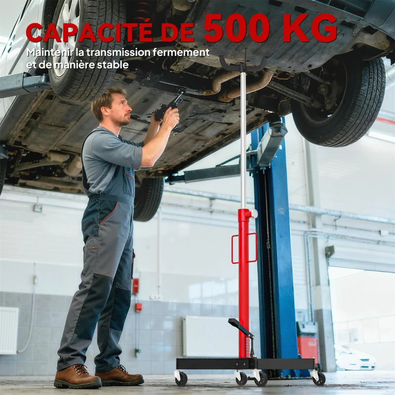 HOMCOM Vérin de fosse hydraulique, cric de levage 500 kg, avec roues pivotantes et pédale, acier, 58 x 58 x 110-191,5 cm rouge